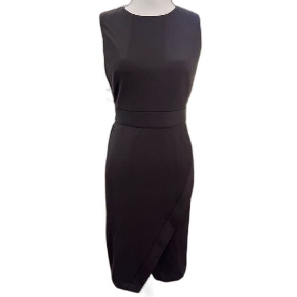 Maggy London Black Sleeveless Midi Sheath Dress Tulip Wrap Slit Work Office Sz 4 - Picture 4 of 8